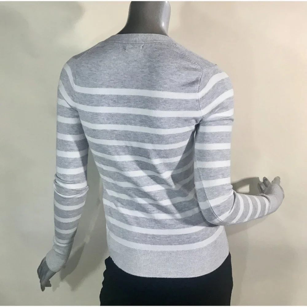 Express Women's XS Grey White Striped V Neck Cardigan Sweater Thin Knit Rhinesto